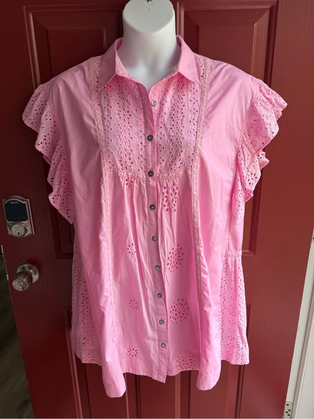 entro Pink Eyelet Midi Dress with Button Front